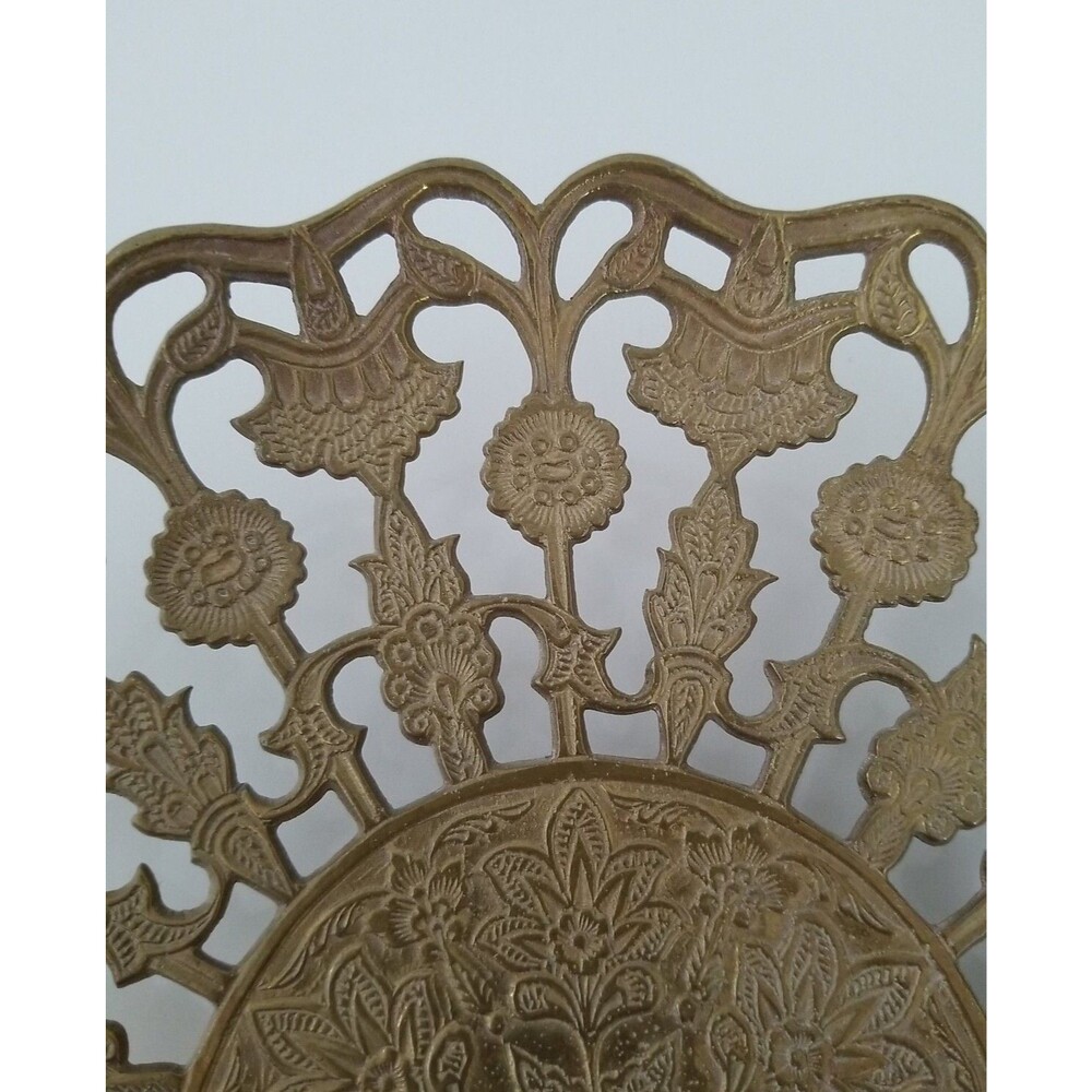 Vintage Brass Metal Bowl plate Reticulated Floral Design Footed Pedestal 10" - Picture 4 of 6